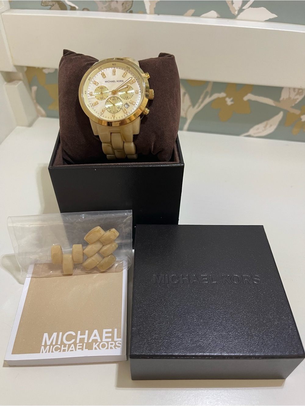 Michael Kors Gold and Beige Resin Link Chronograph Watch